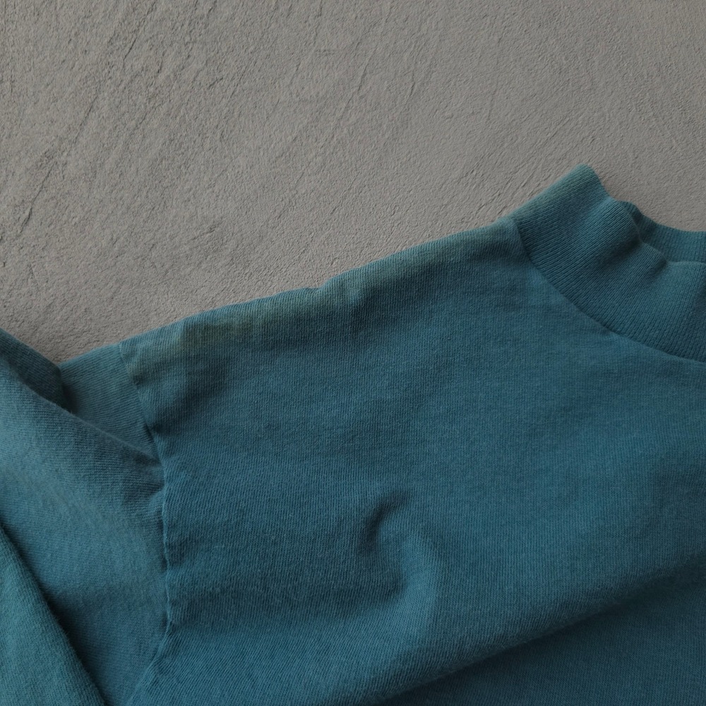 Vintage 90s Fruit of the Loom Teal T-shirt Medium Mock Neck Long Sleeve - Picture 6 of 10
